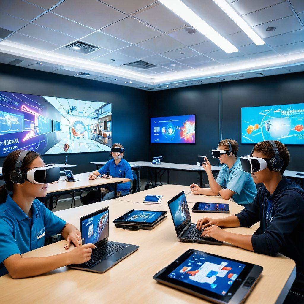 A futuristic classroom setting with students interacting with virtual reality headsets and holographic displays of educational content. The room is filled with vibrant colors and advanced tech gadgets, symbolizing innovation in learning. Include elements of collaboration, such as group discussions around a digital table. The atmosphere should feel dynamic and engaging, showcasing a blend of education and technology at its finest. 3D. vibrant colors. super-realistic.