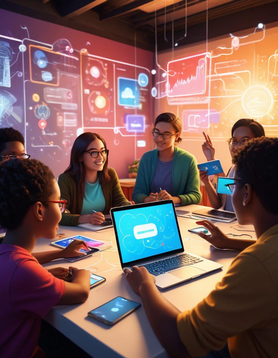 A vibrant online classroom scene depicting diverse students engaged in interactive learning, surrounded by digital tools such as laptops and tablets. Include elements representing collaboration, such as speech bubbles and virtual hand raises. The background should feature lively colors and abstract representations of connection, like dotted lines or network nodes. super-realistic. vibrant colors. digital art.